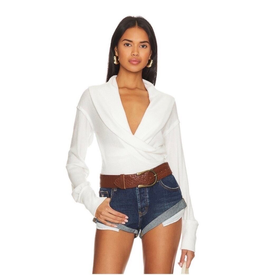 We the Free Top Womens Medium White Hold Me Close Blouse Long Sleeve Faux Wrap